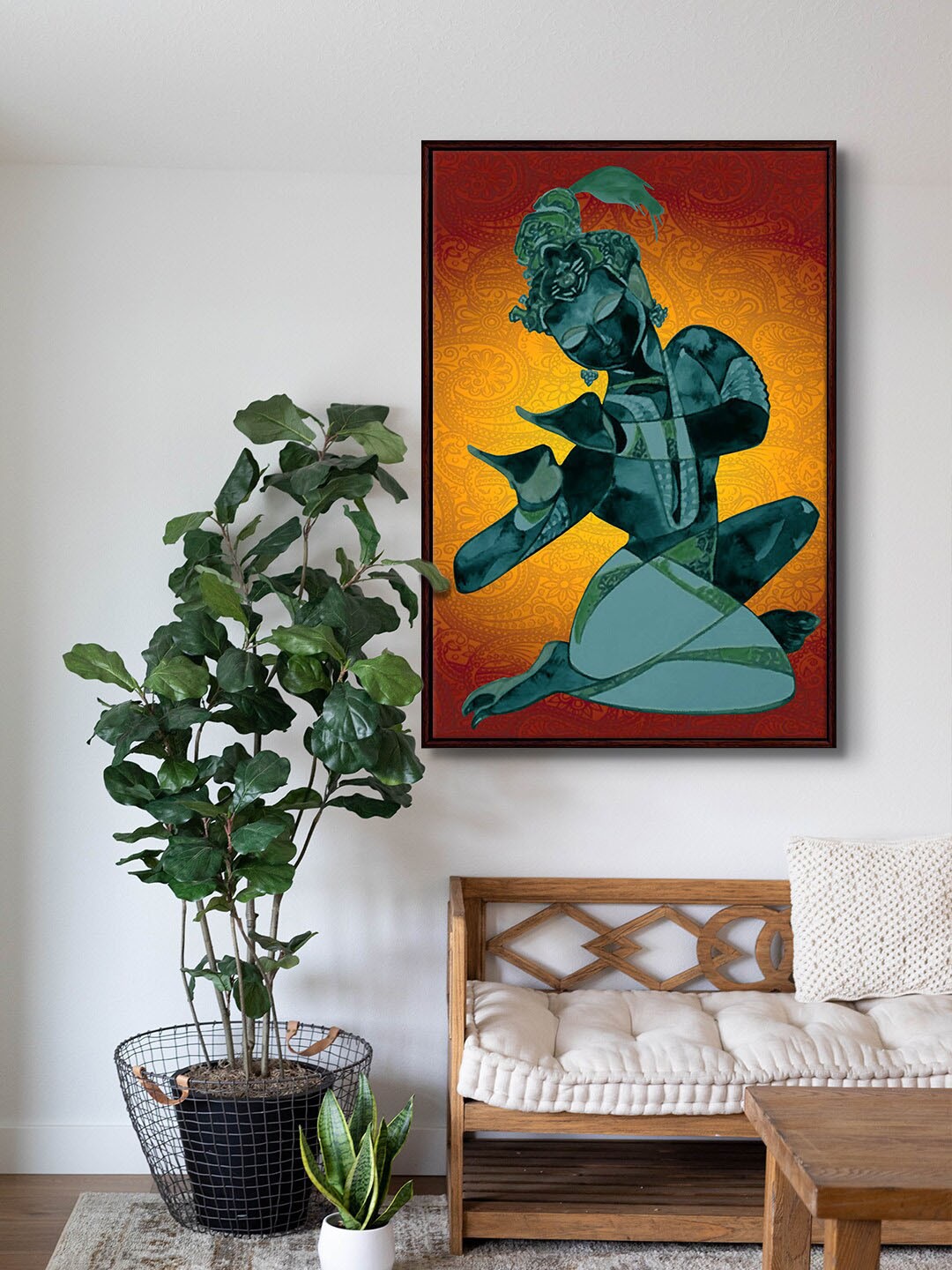 

999Store Blue & Yellow Lord Krishna Framed Painting Wall Art