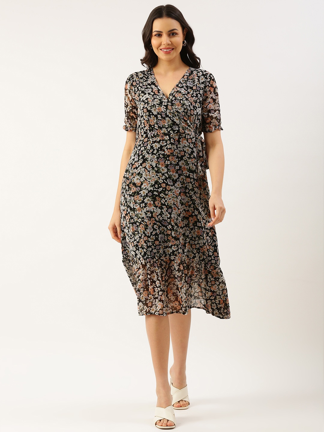 

RACHNA Floral Print Georgette Dress, Black