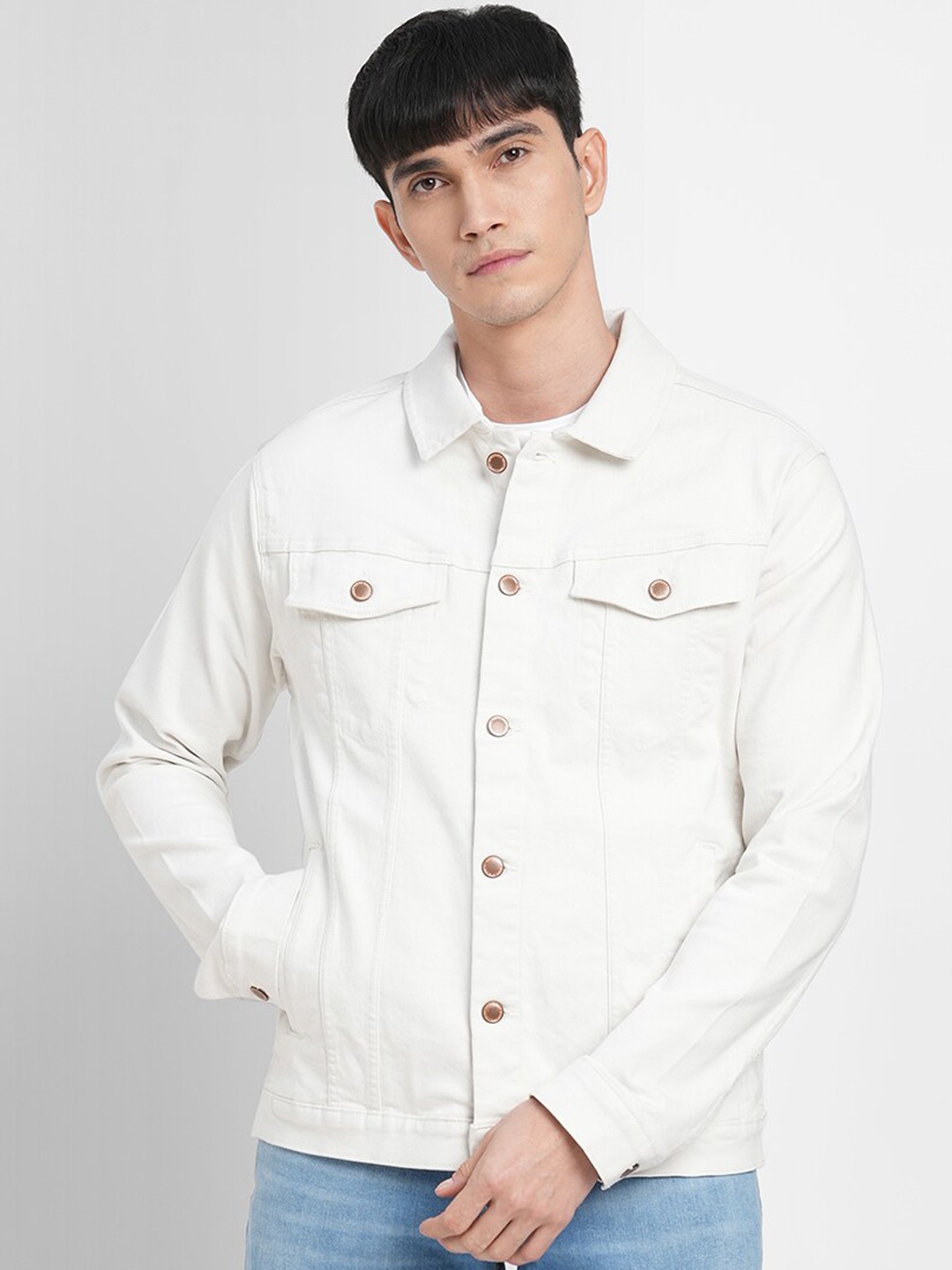

Jack & Jones Men Spread Collar Cotton Outdoor Denim Jacket, White