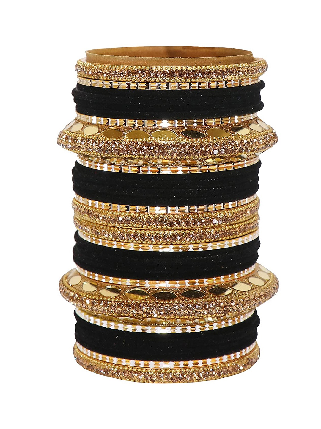 

NMII Set Of 30 Mirror & Zircon Gemstone Studded Bridal Bangle, Black