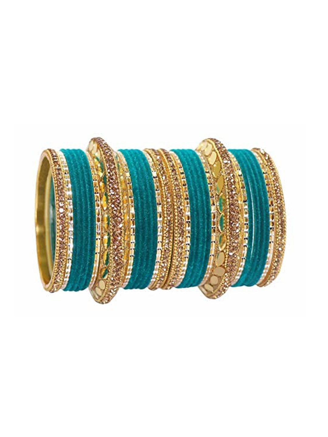 

NMII Set Of 30 Mirror & Zircon Gemstone Studded Bridal Bangles, Teal