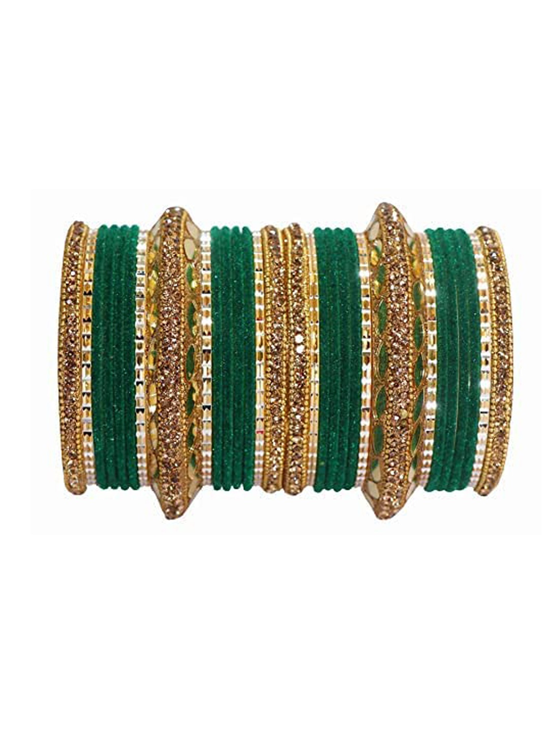 

NMII Set Of 30 Mirror & Zircon Gemstone Studded Bridal Bangles, Green