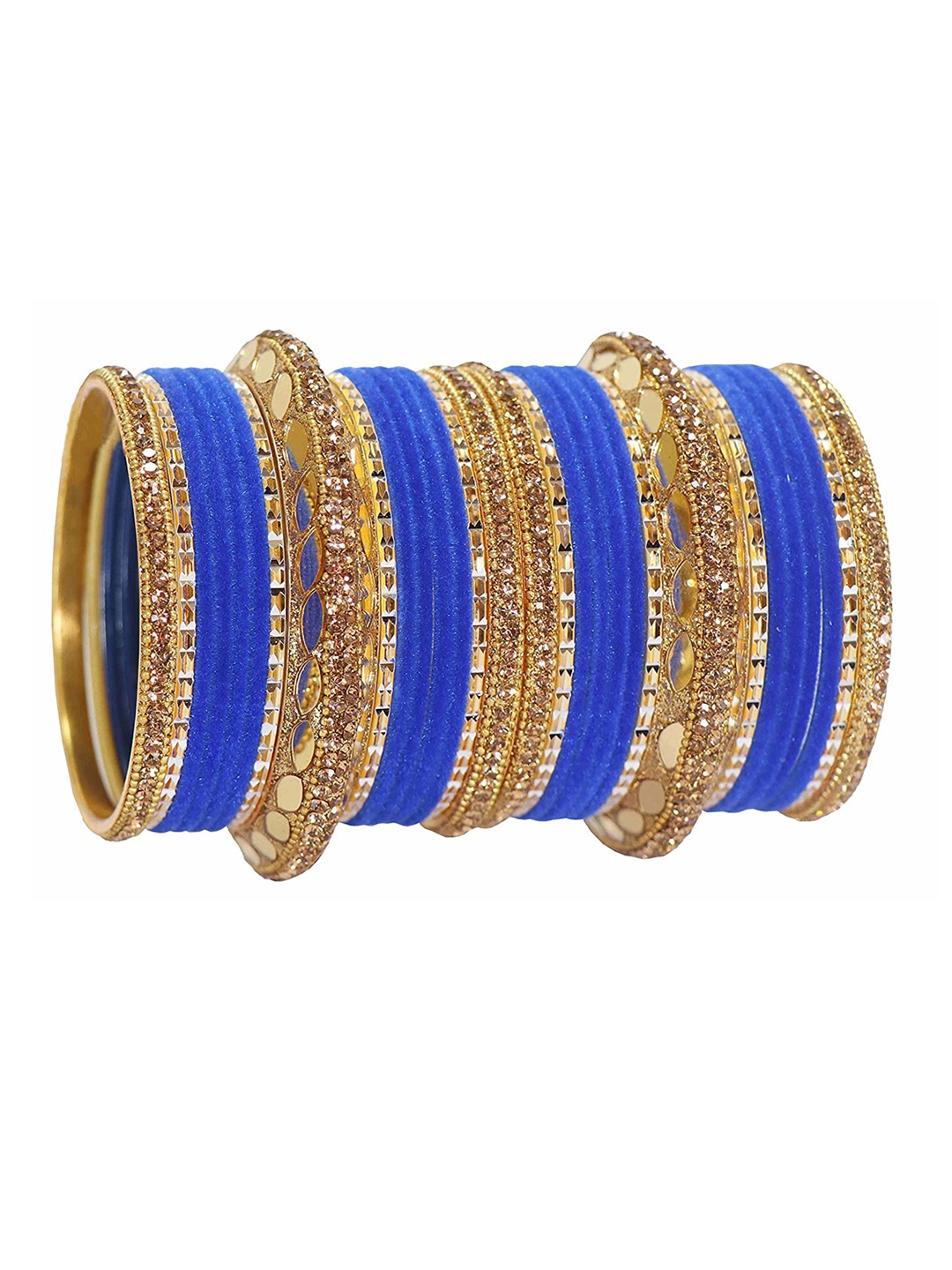 

NMII Set Of 30 Mirror & Zircon Gemstone Studded Bridal Bangles, Blue