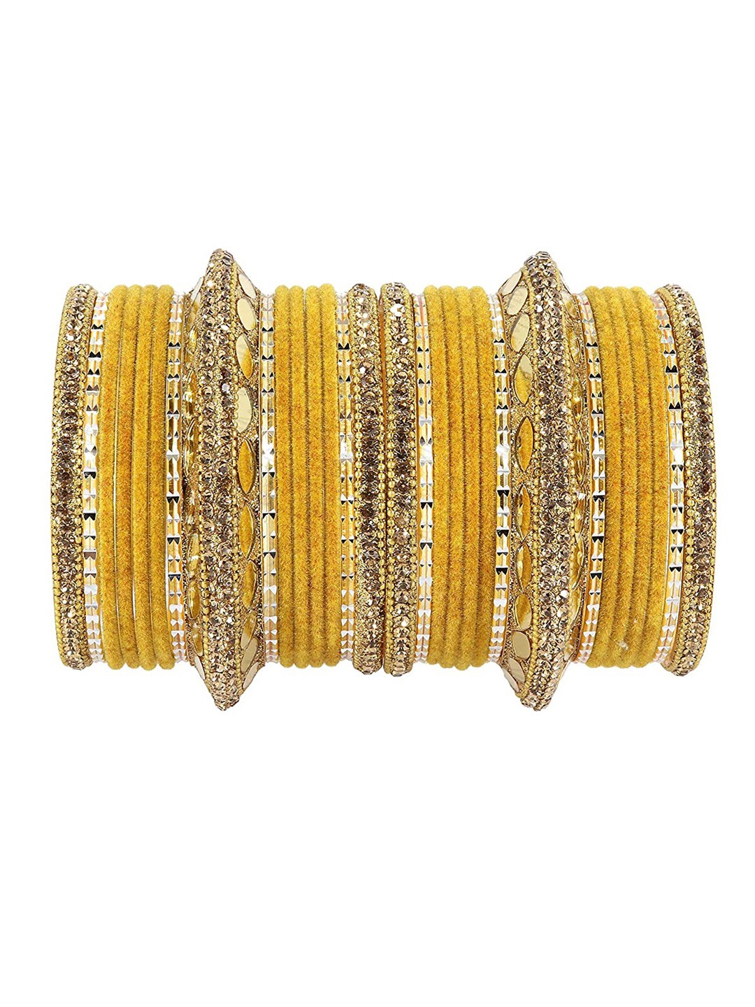 

NMII Set Of 30 Mirror & Zircon Gemstone Studded Bridal Bangles, Gold
