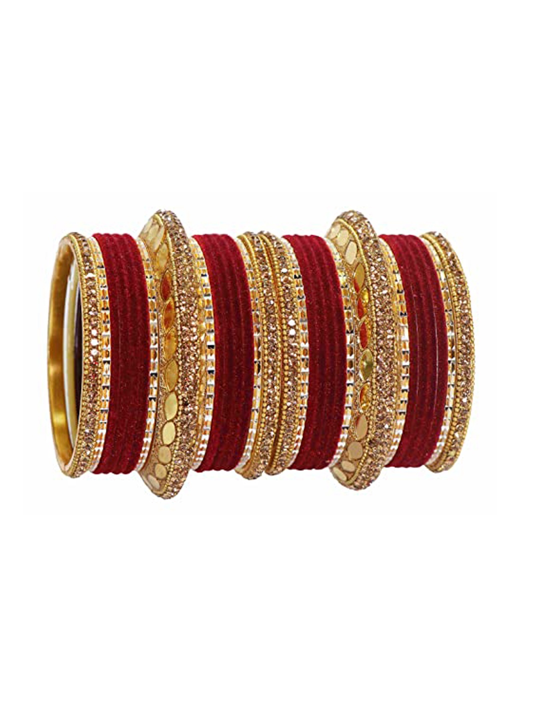 

NMII Set Of 30 Mirror & Zircon Gemstone Studded Bridal Bangles, Maroon