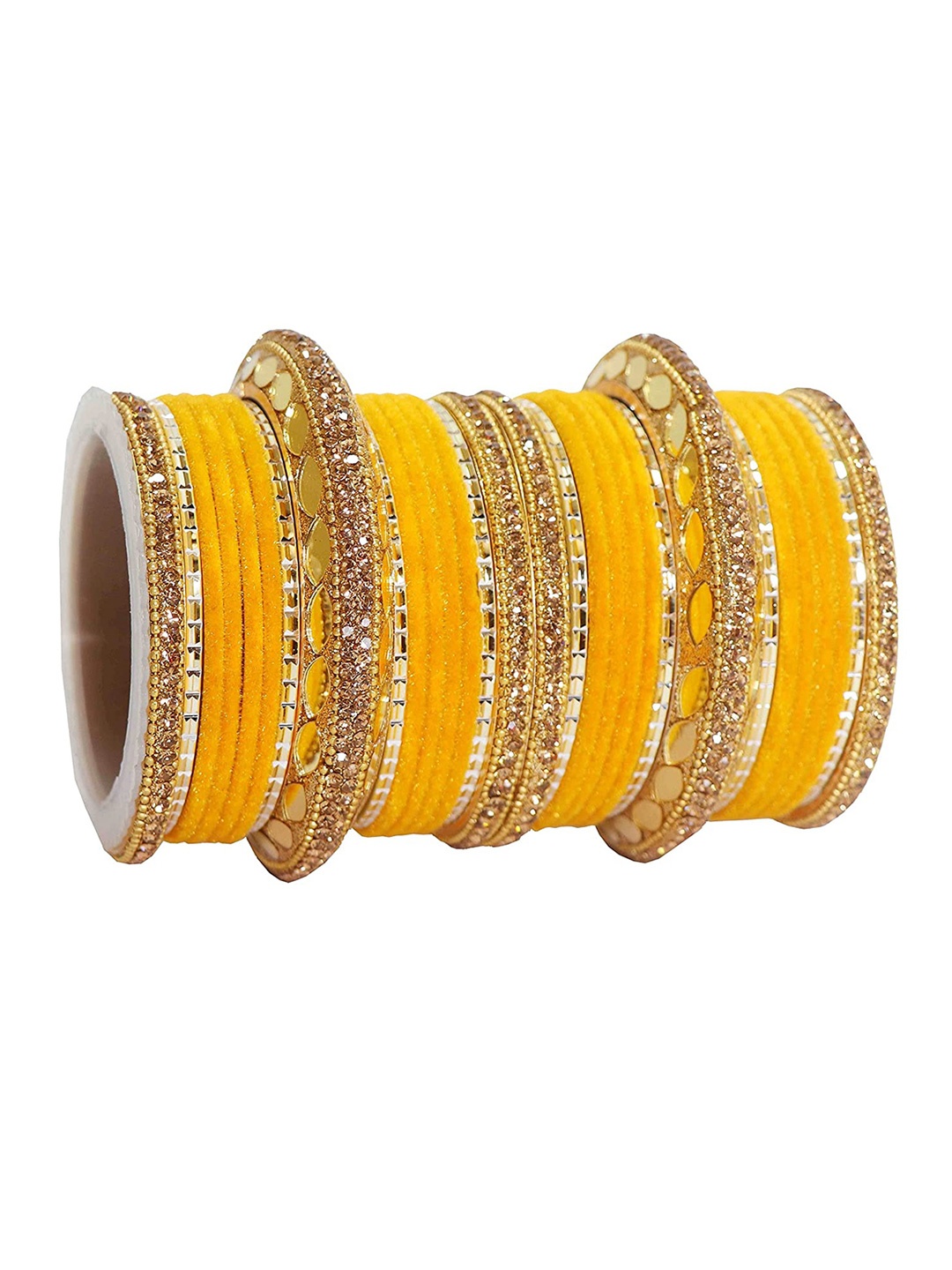 

NMII Set Of 30 Mirror & Zircon Gemstone Studded Bridal Bangle, Mustard