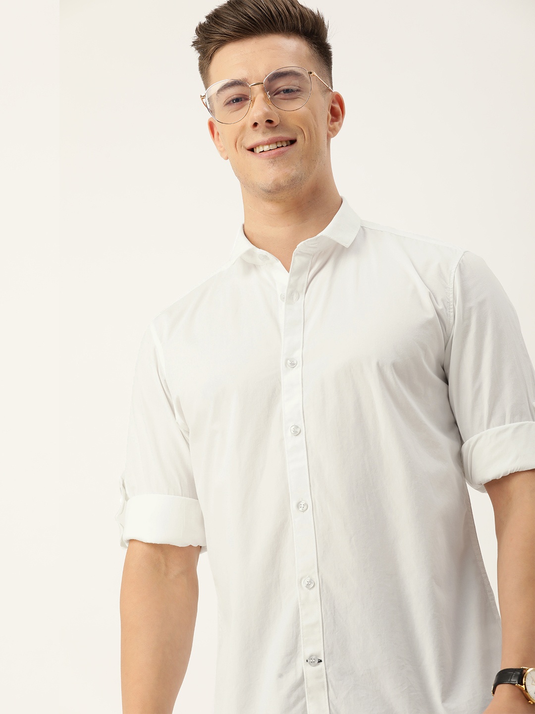 

Mast & Harbour Solid Roll-Up Sleeves Pure Cotton Casual Shirt, White