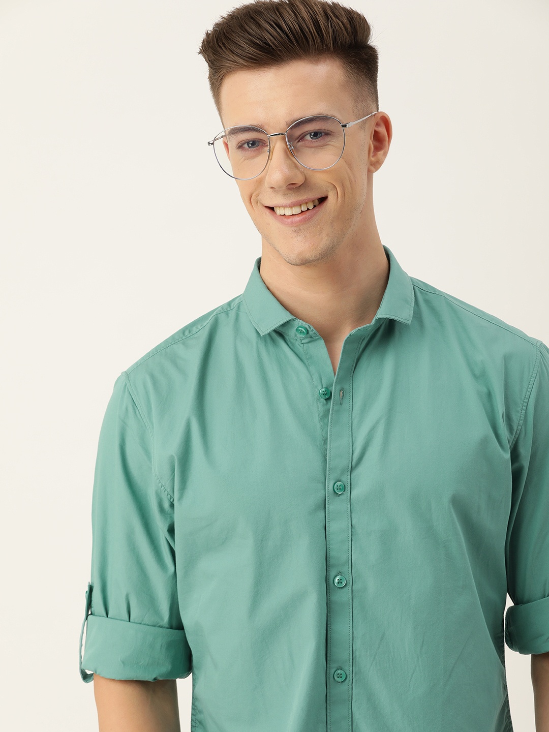 

Mast & Harbour Solid Roll-Up Sleeves Pure Cotton Casual Shirt, Sea green