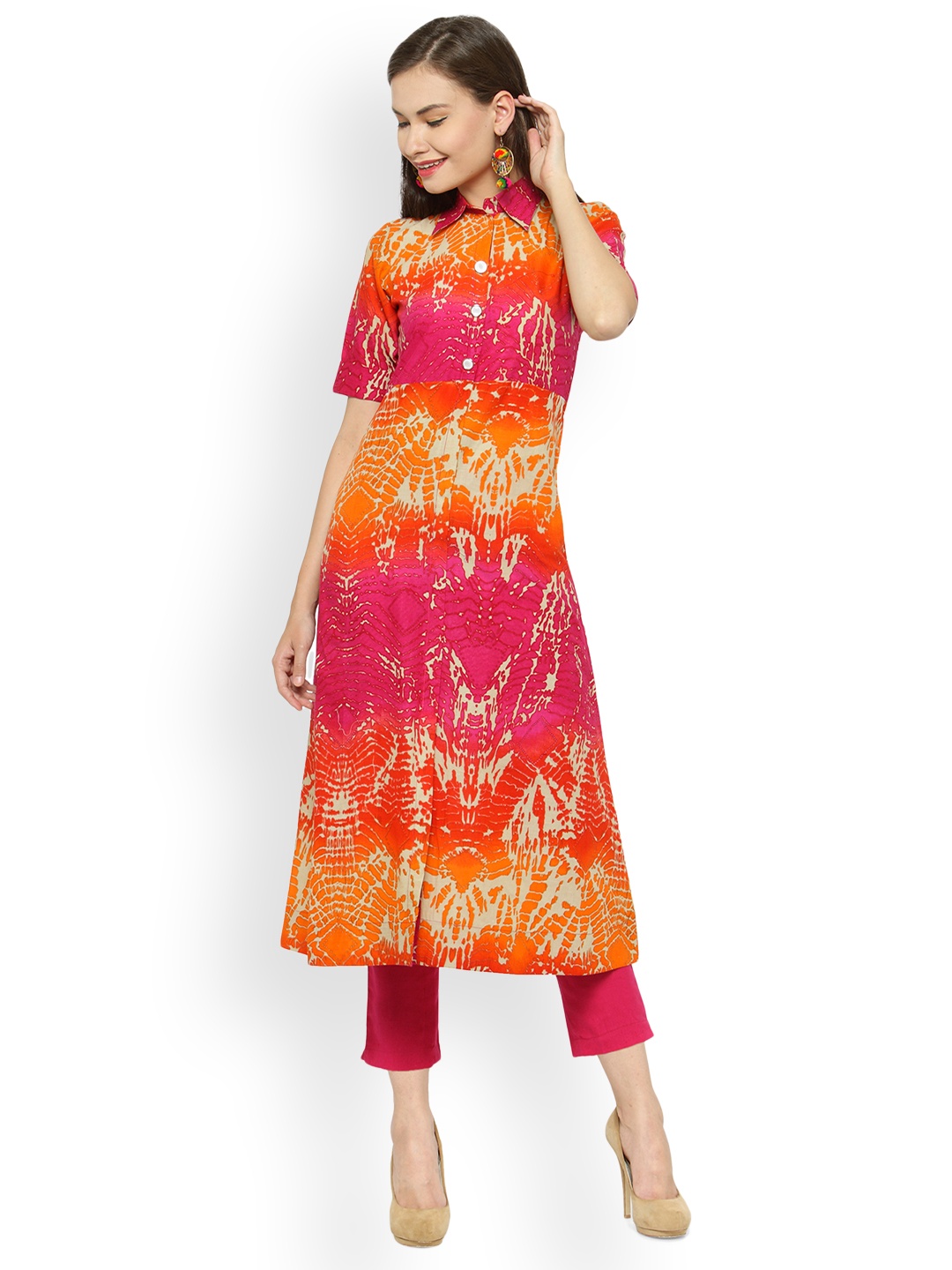 

Indibelle Women Pink & Orange Printed Straight Kurta