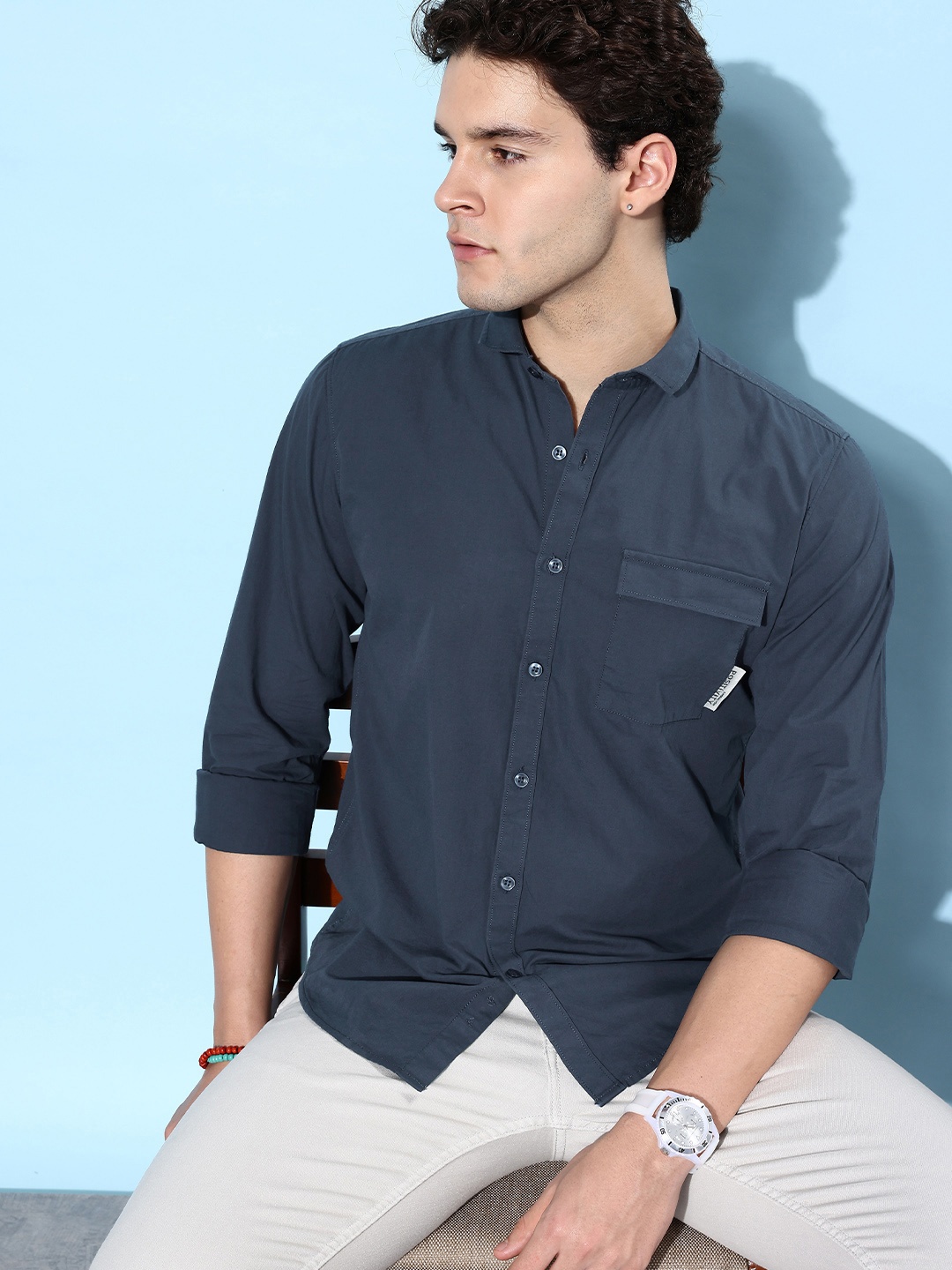 

Mast & Harbour Navy Blue Solid Pure Cotton Reimagined Logo Tee Casual Shirt