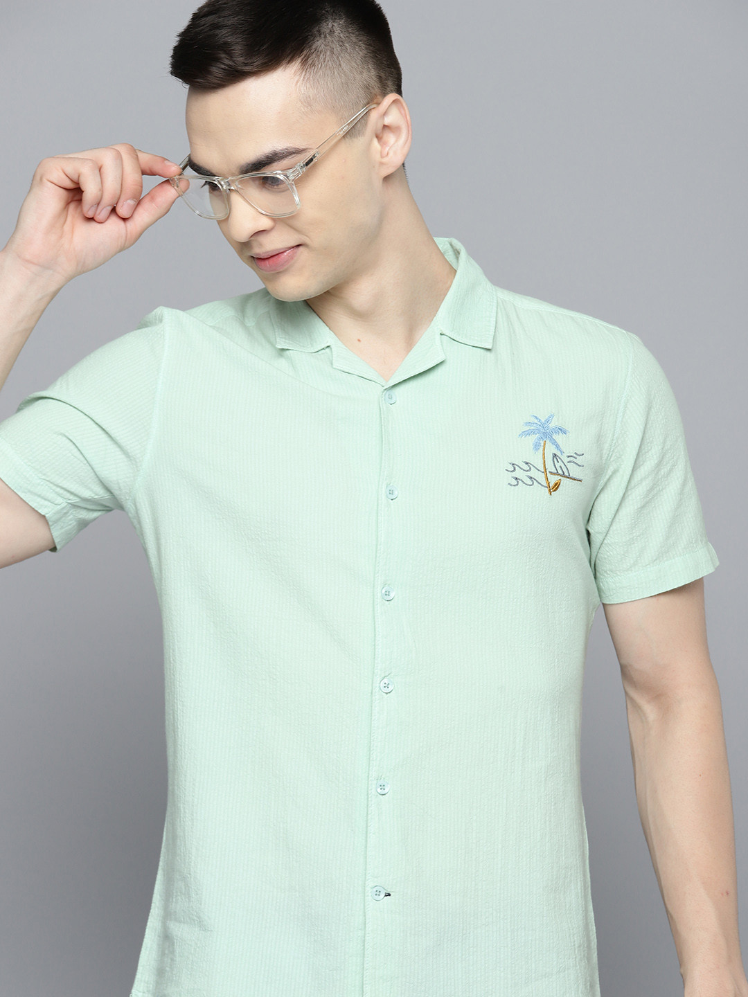 

Mast & Harbour Notched Lapel Collar Pure Cotton Opaque Casual Shirt, Green