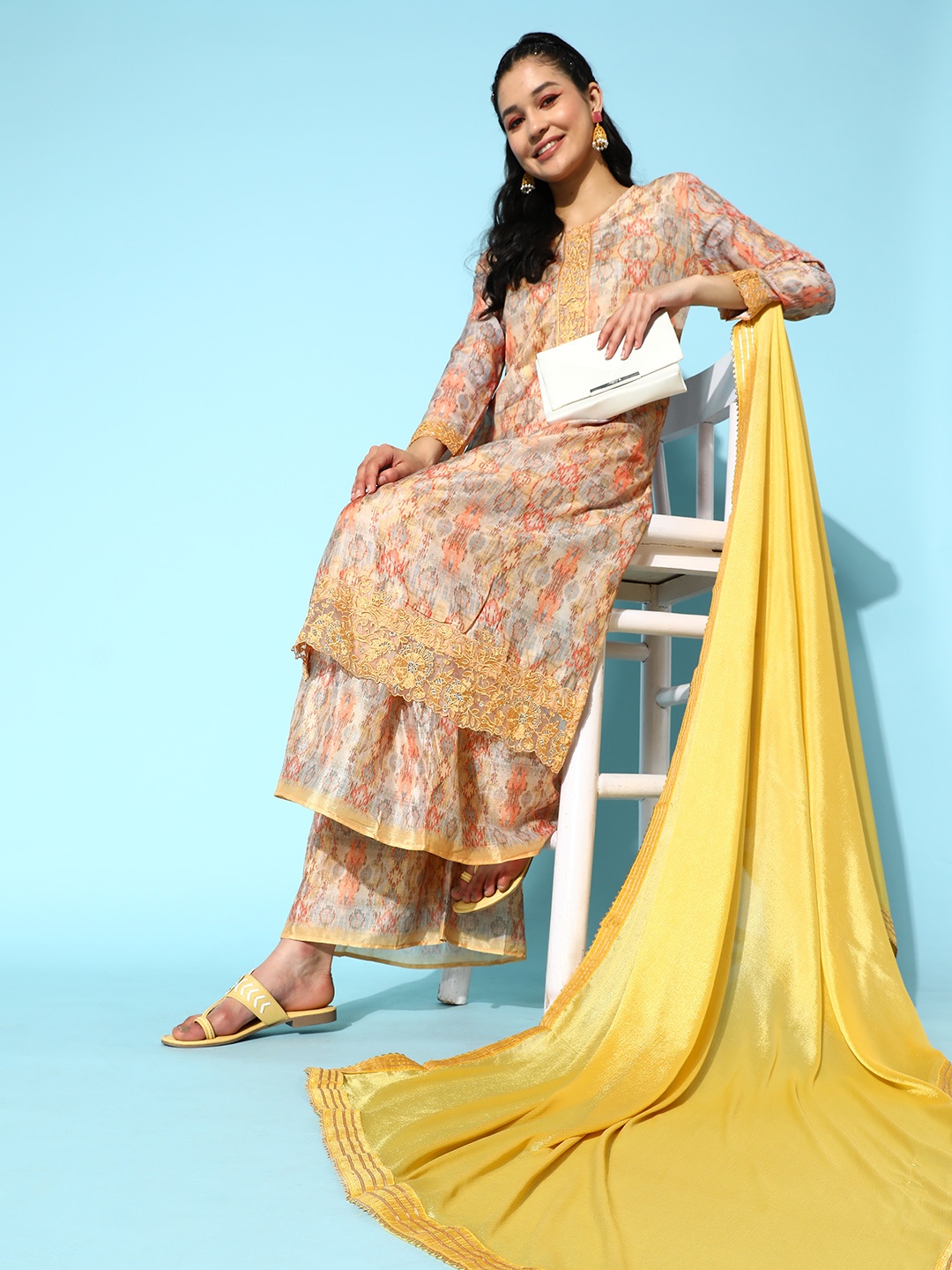 

Sangria Women Yellow Embroidered Kurta With Sharara & Dupatta