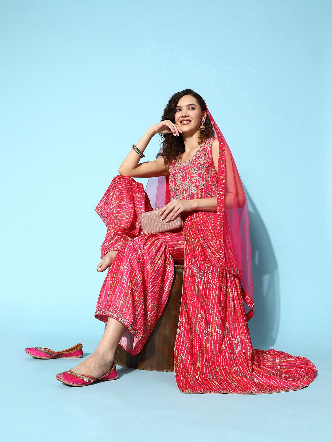 

Sangria Women Pink Embroidered Kurta With Sharara & Dupatta