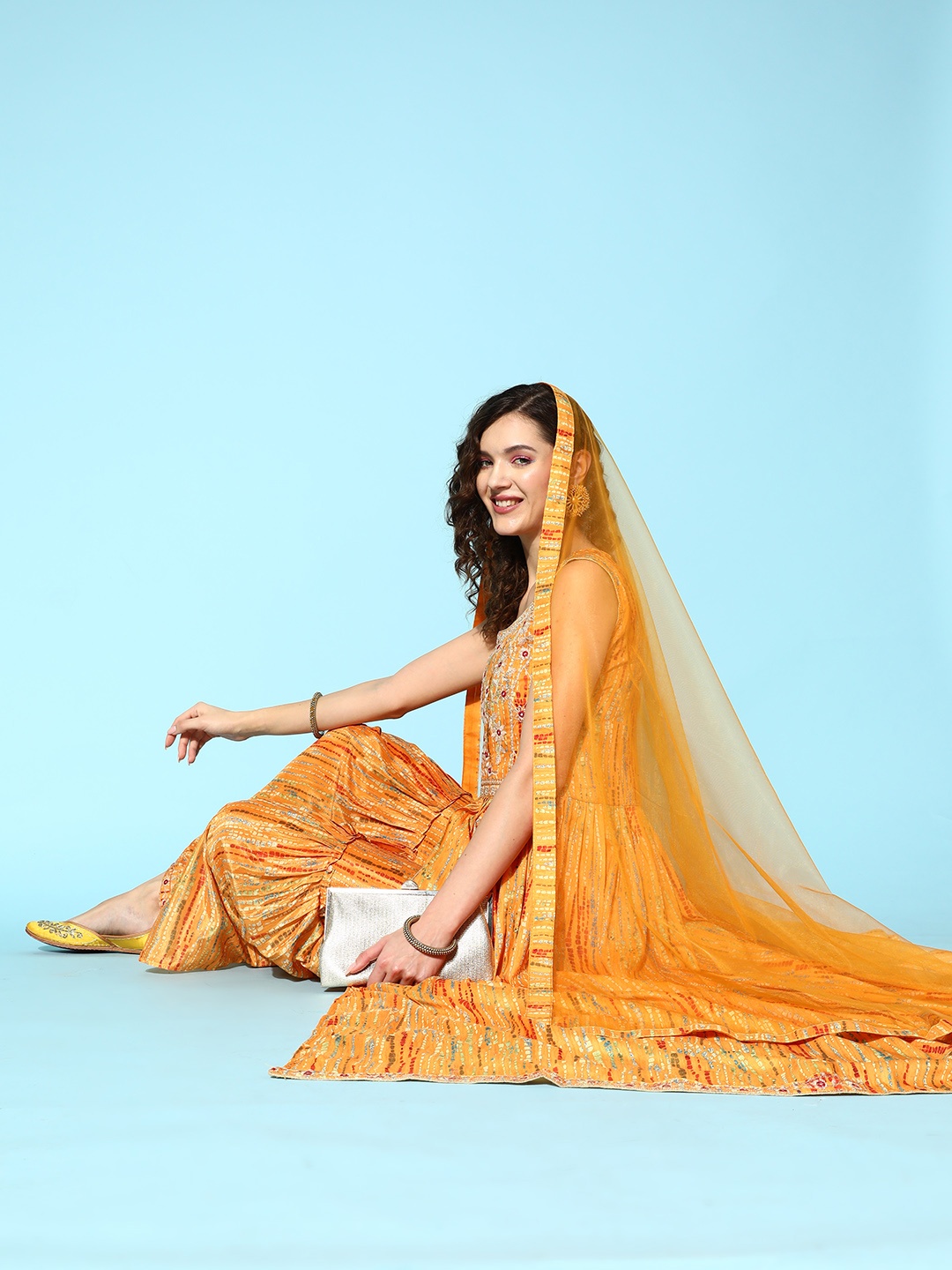 

Sangria Bandhani Embroidered Kurta with Sharara & With Dupatta, Mustard