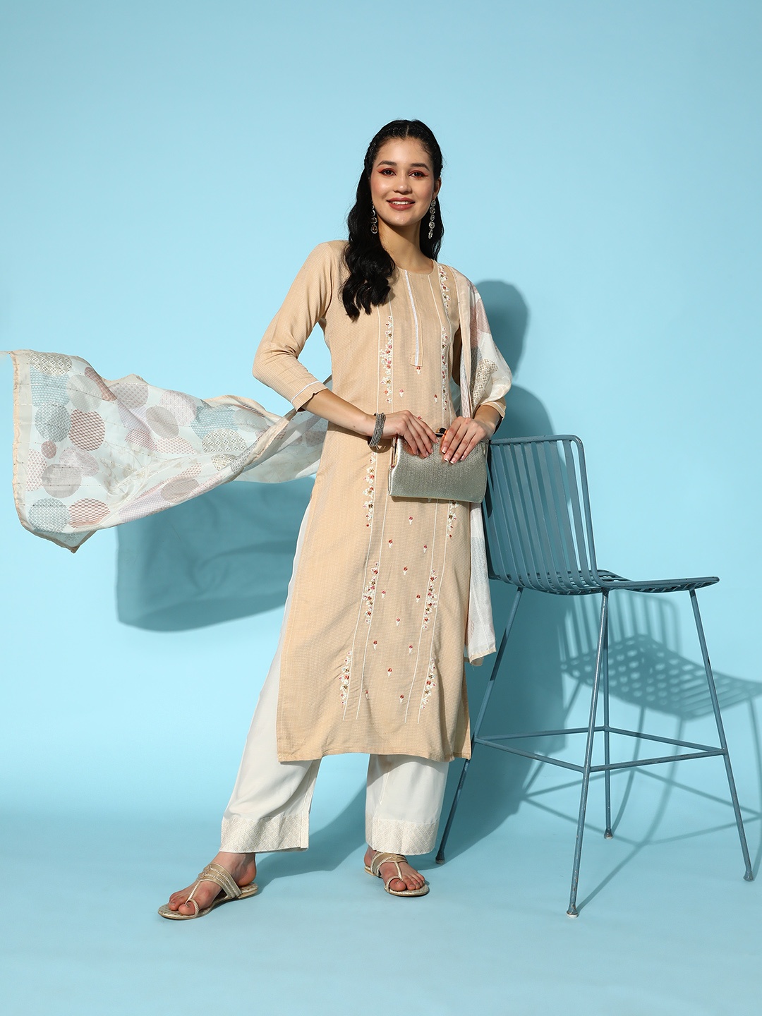 

Sangria Embroidered Thread Work Kurta with Palazzos & With Dupatta, Beige