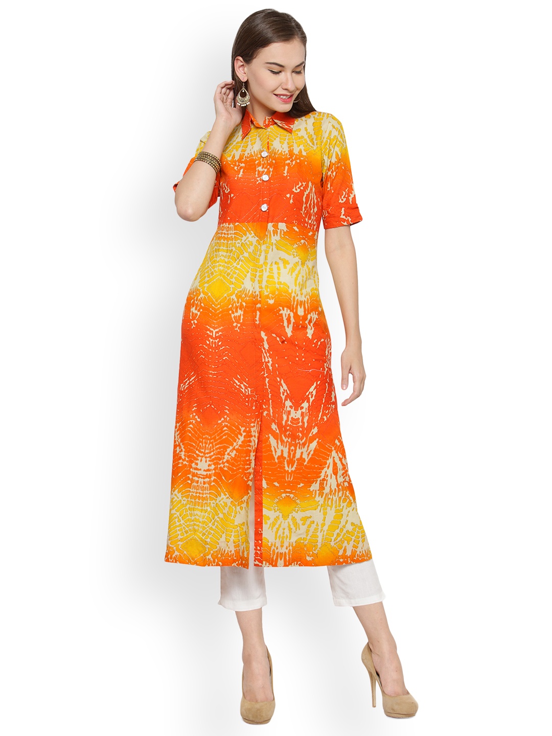 

Indibelle Women Yellow & Orange Printed Straight Kurta