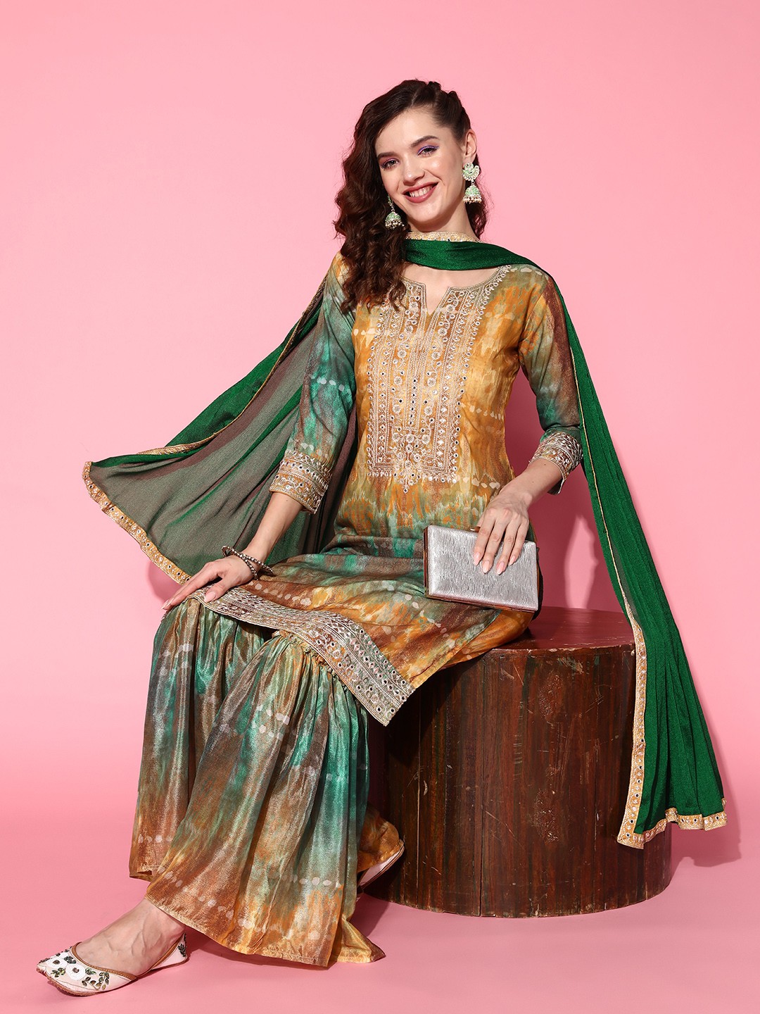 

Sangria Bandhani Embroidered Kurta with Sharara & With Dupatta, Yellow