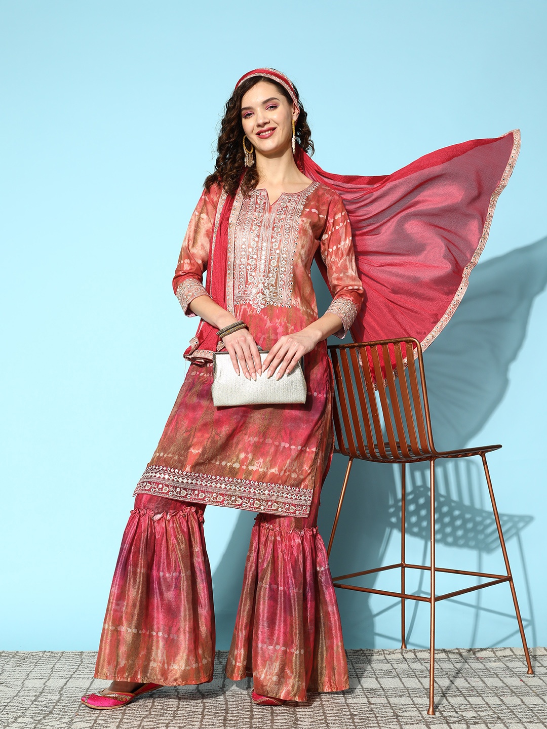 

Sangria Bandhani Embroidered Kurta with Sharara & With Dupatta, Rust
