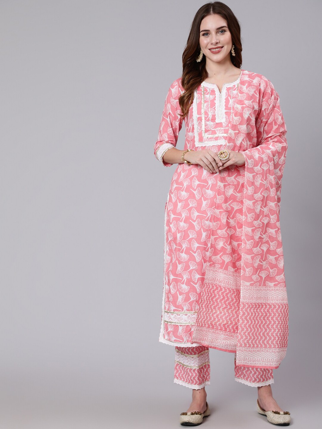 

GULMOHAR JAIPUR Floral Printed Thread Work Pure Cotton Kurta with Trousers & Dupatta, Pink