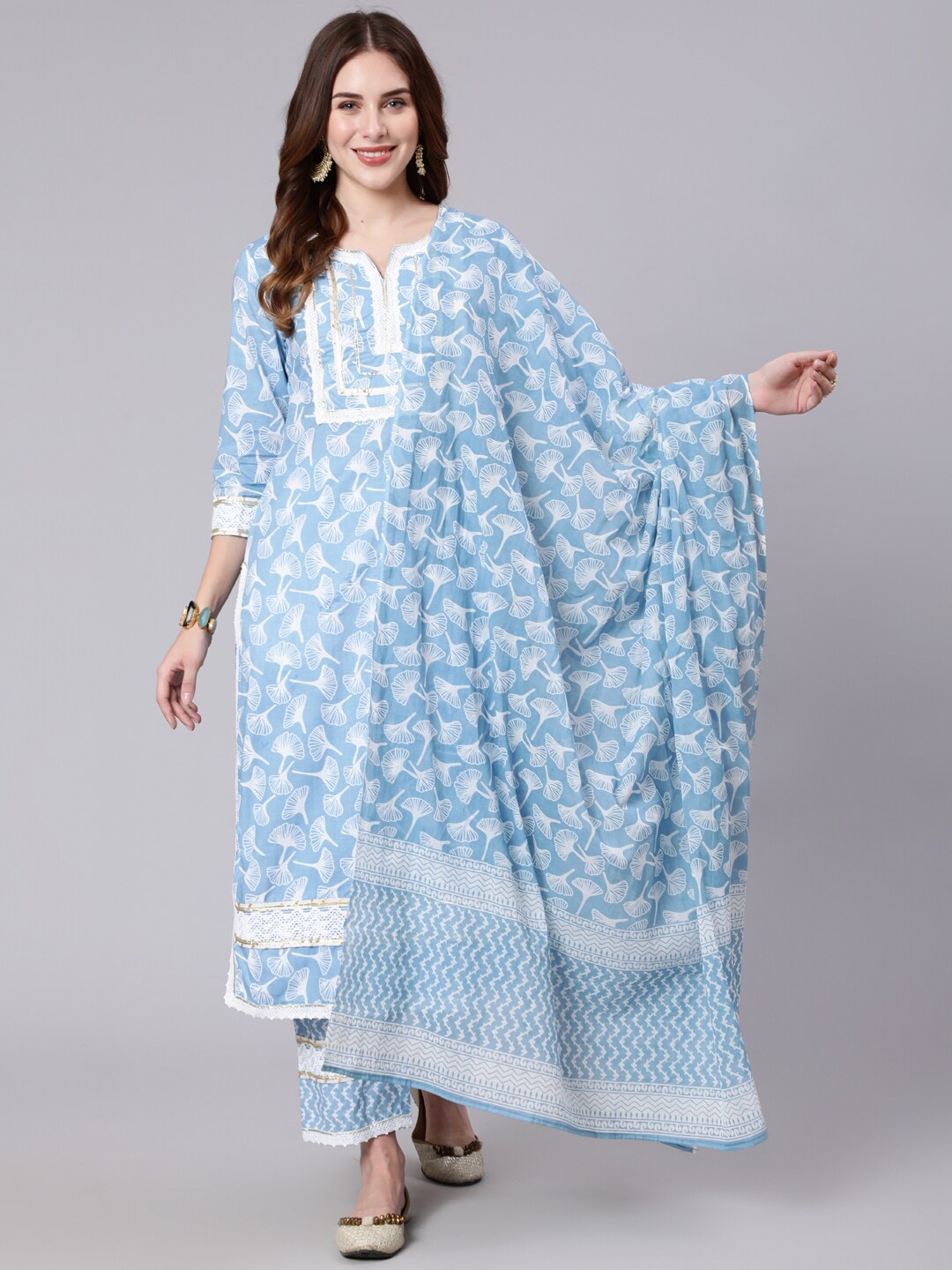 

GULMOHAR JAIPUR Women Floral Printed Pure Cotton Kurta with Trousers & Dupatta, Blue