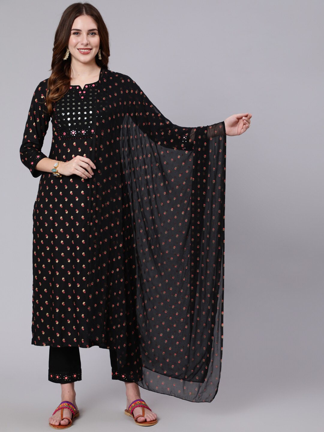 

GULMOHAR JAIPUR Floral Printed Mirror Work Kurta with Trousers & Dupatta, Black