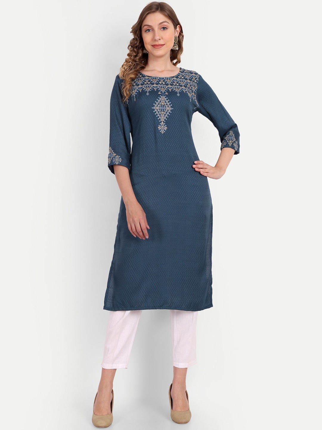 

NH KAPDEWALA Women Ethnic Motifs Thread Work Kurta, Blue