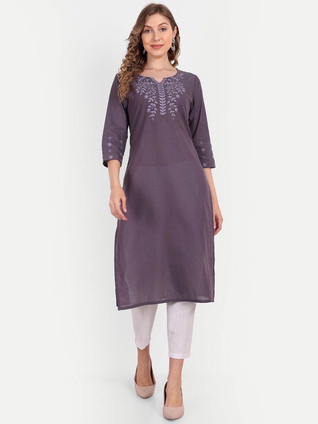 

NH KAPDEWALA Women Yoke Design Notch Neck Thread Work Cotton Kurta, Purple