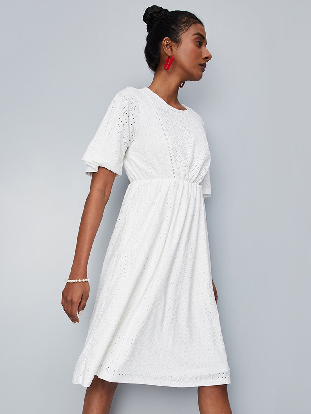 

max Self Design Flared Sleeve A-Line Dress, White