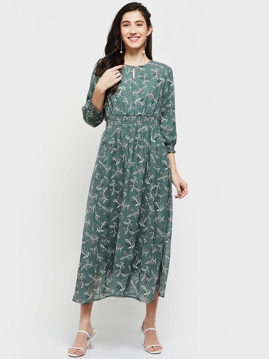 

max Tropical Printed Keyhole Neck Midi Dress, Green