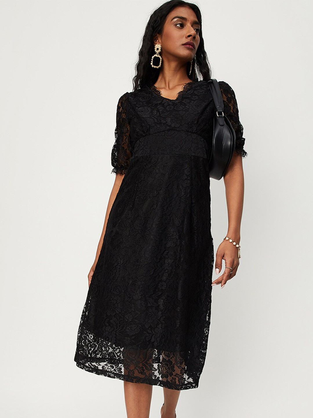 

max Self Design Puff Sleeve A-Line Dress, Black