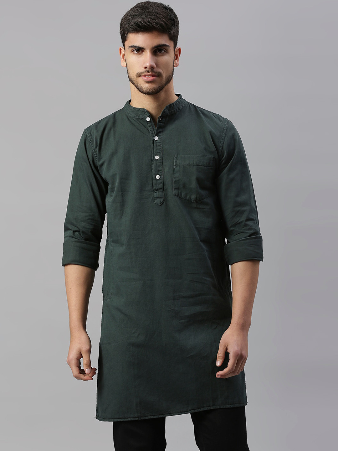 

High Star Men Mandarin Collar Denim Kurta, Green