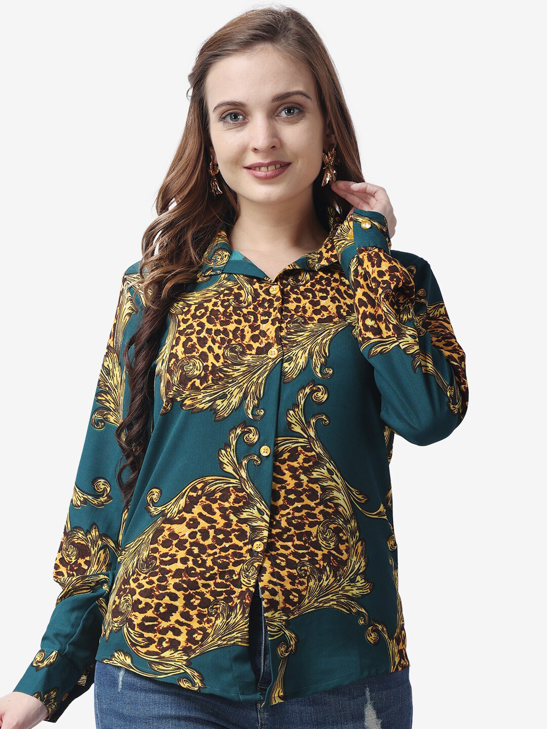 

Popwings Women Ethnic Motifs Printed Casual Shirt, Teal