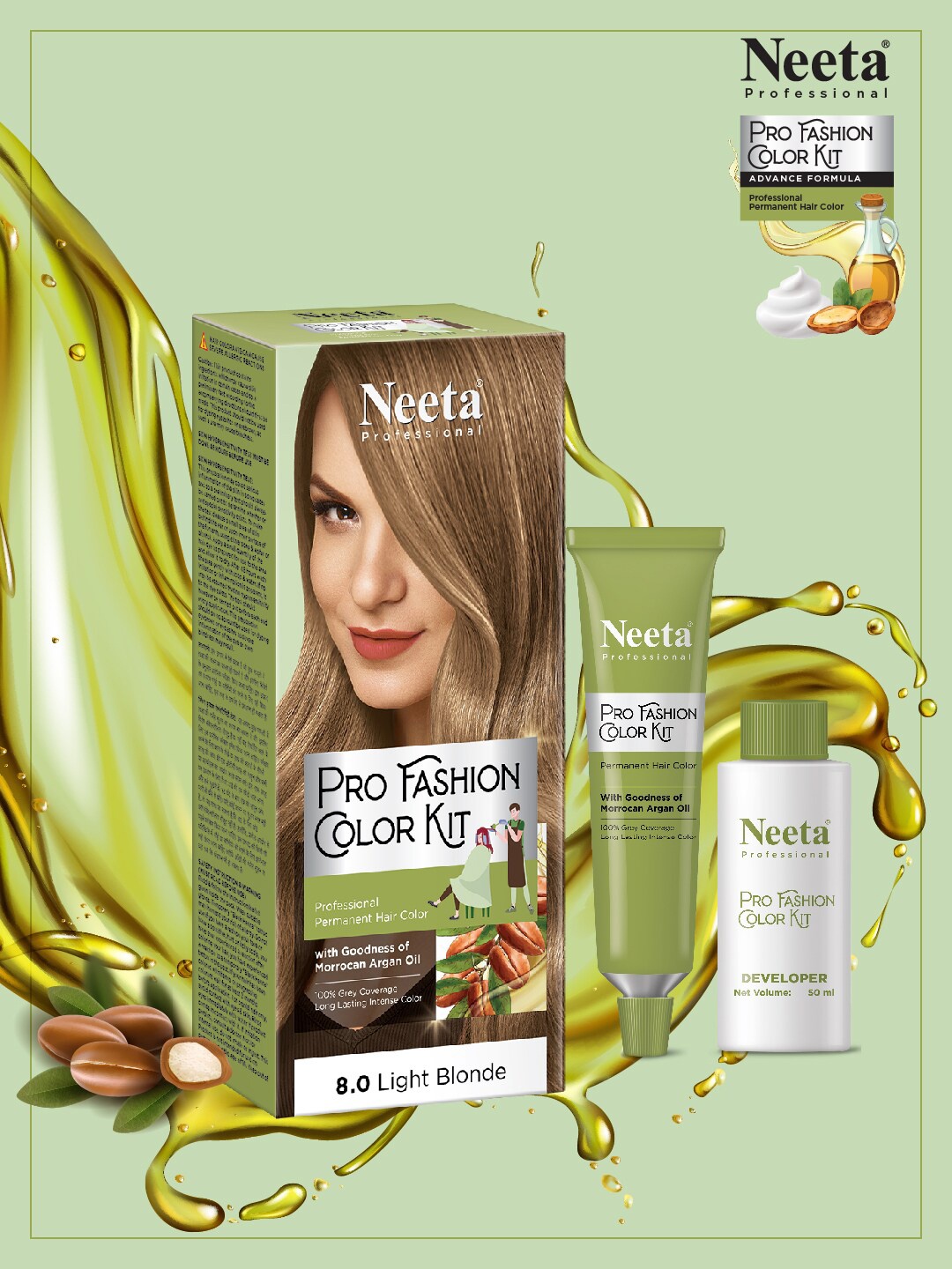 

Neeta Professional Pro Fashion Permanent Hair Color Kit 100g - Light Blonde 8.0, Gold