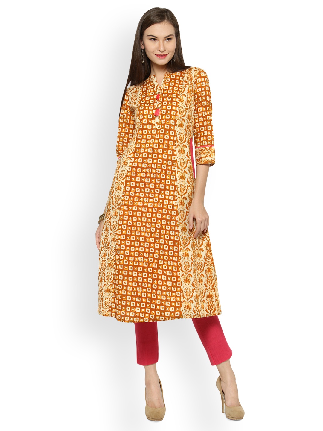 

Indibelle Women Mustard Yellow & Cream-Coloured Printed Straight Kurta