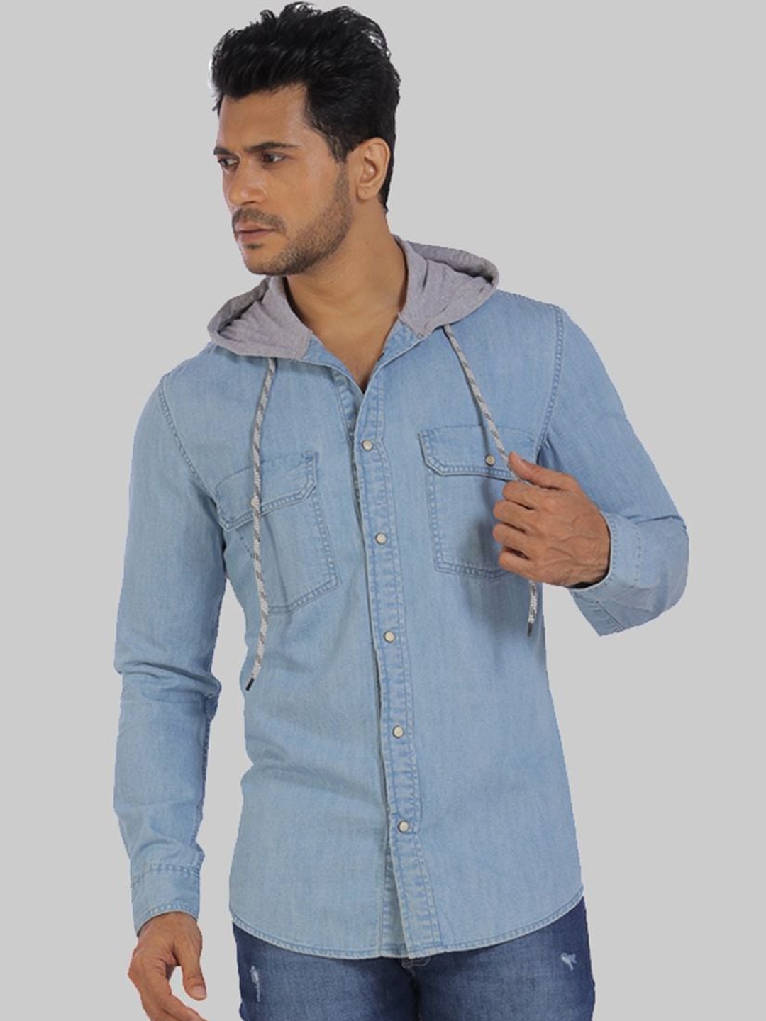 

ROCKING SWAMY Men Slim Fit Hooded Casual Denim Shirt, Blue