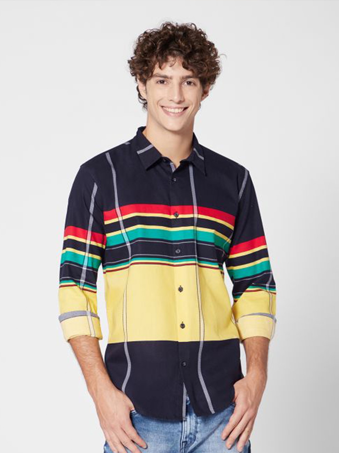 

ROCKING SWAMY Men Horizontal Stripes Cotton Casual Shirt, Navy blue