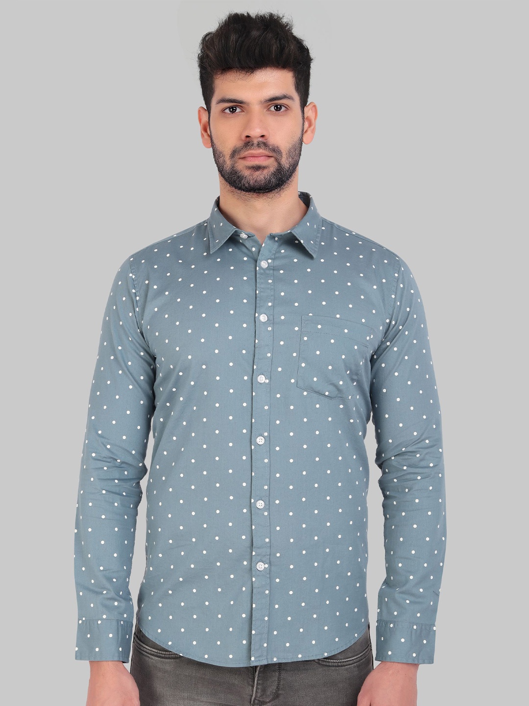 

ROCKING SWAMY Men Slim Fit Polka Dots Printed Casual Cotton Shirt, Blue