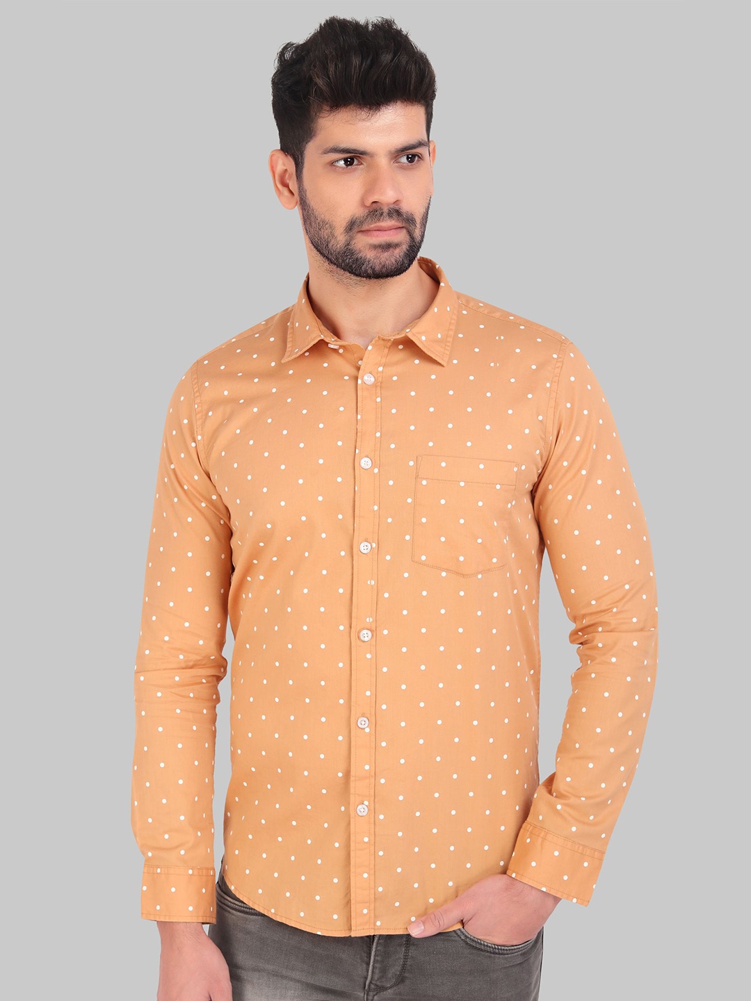 

ROCKING SWAMY Men Slim Fit Polka Dots Printed Casual Cotton Shirt, Orange