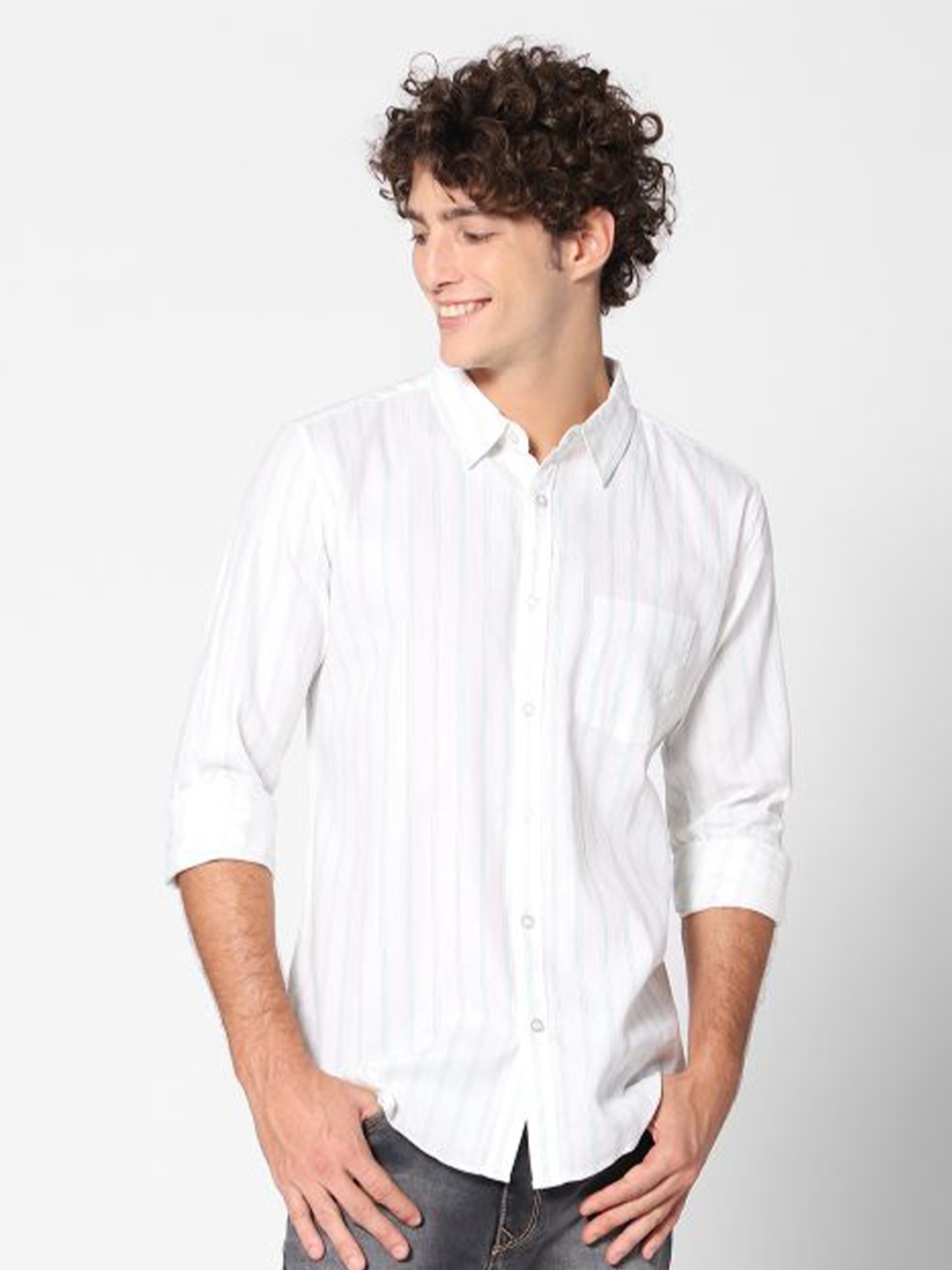 

ROCKING SWAMY Men Striped Slim Fit Striped Casual Cotton Shirt, White