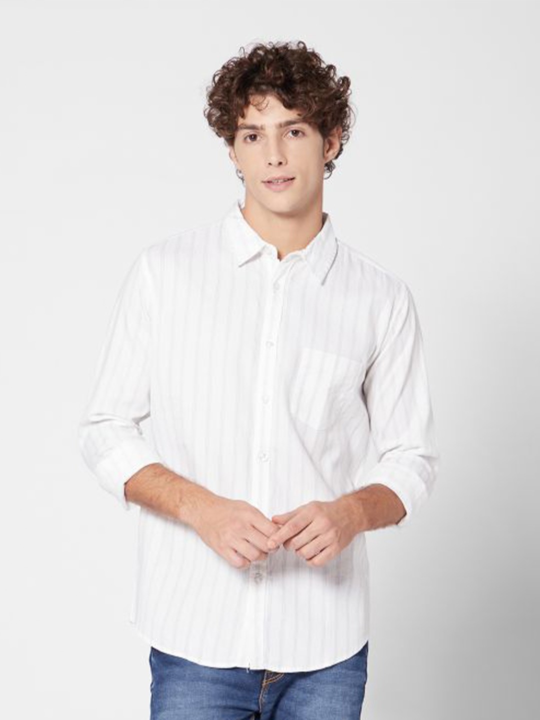 

ROCKING SWAMY Men Slim Fit Striped Casual Cotton Shirt, White