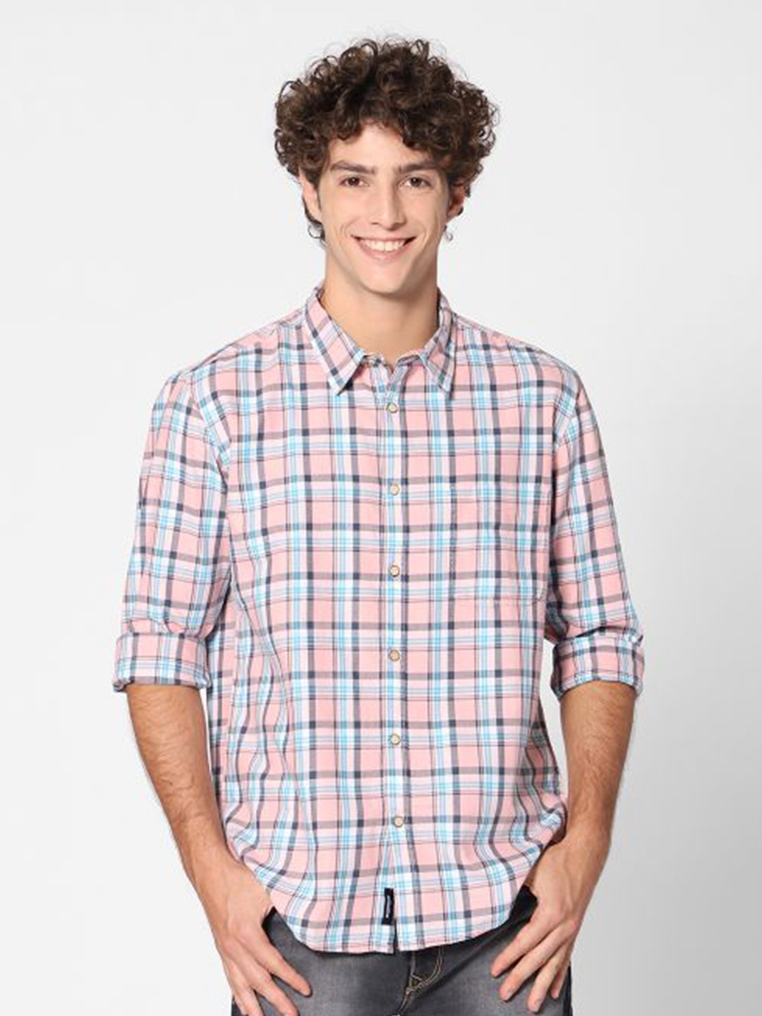 

ROCKING SWAMY Men Checked Cotton Slim Fit Casual Shirt, Pink