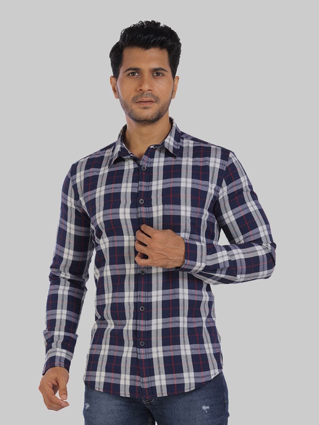 

ROCKING SWAMY Men Checked Cotton Slim Fit Casual Shirt, Navy blue