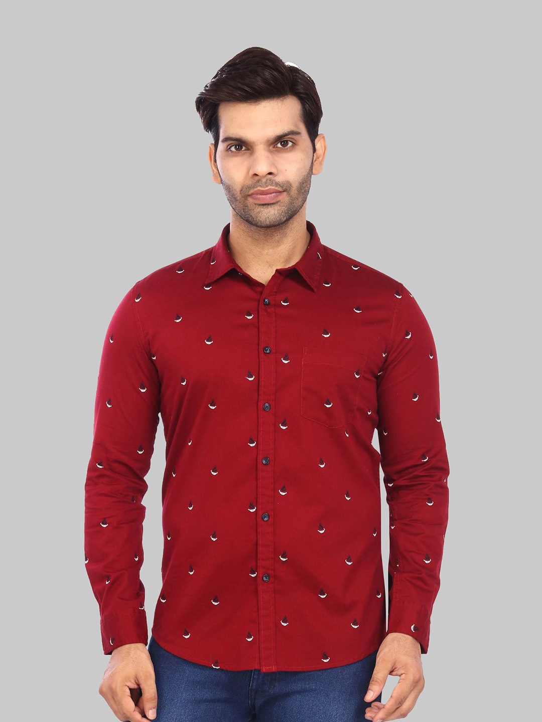 

ROCKING SWAMY Men Conversational Printed Slim Fit Casual Cotton Shirt, Maroon