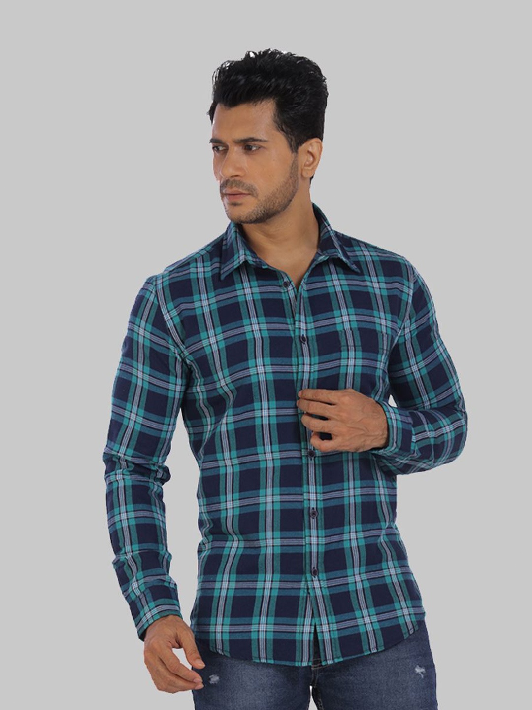 

ROCKING SWAMY Men Checked Cotton Slim Fit Casual Shirt, Blue