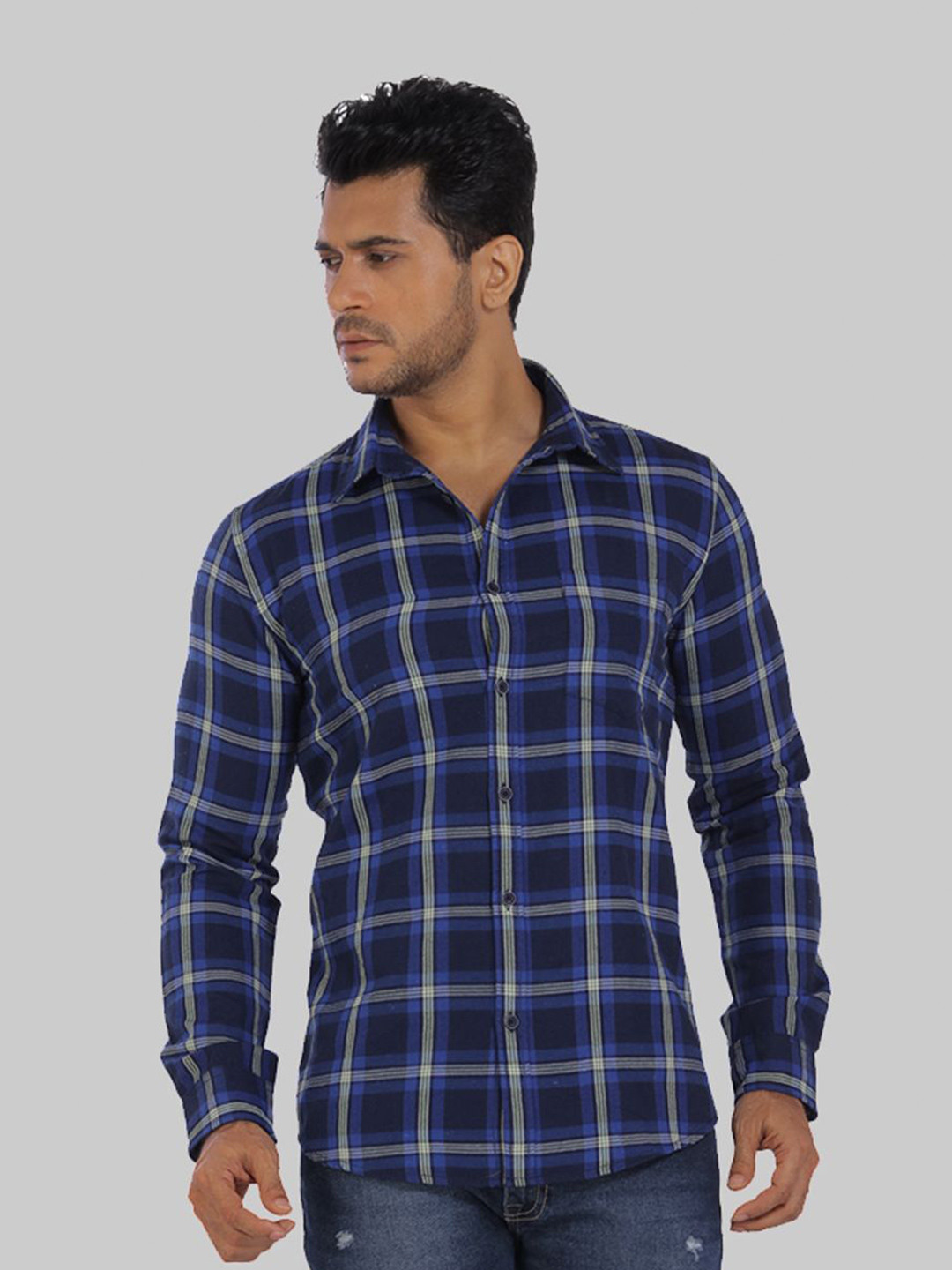 

ROCKING SWAMY Men Slim Fit Tartan Checked Casual Cotton Shirt, Navy blue