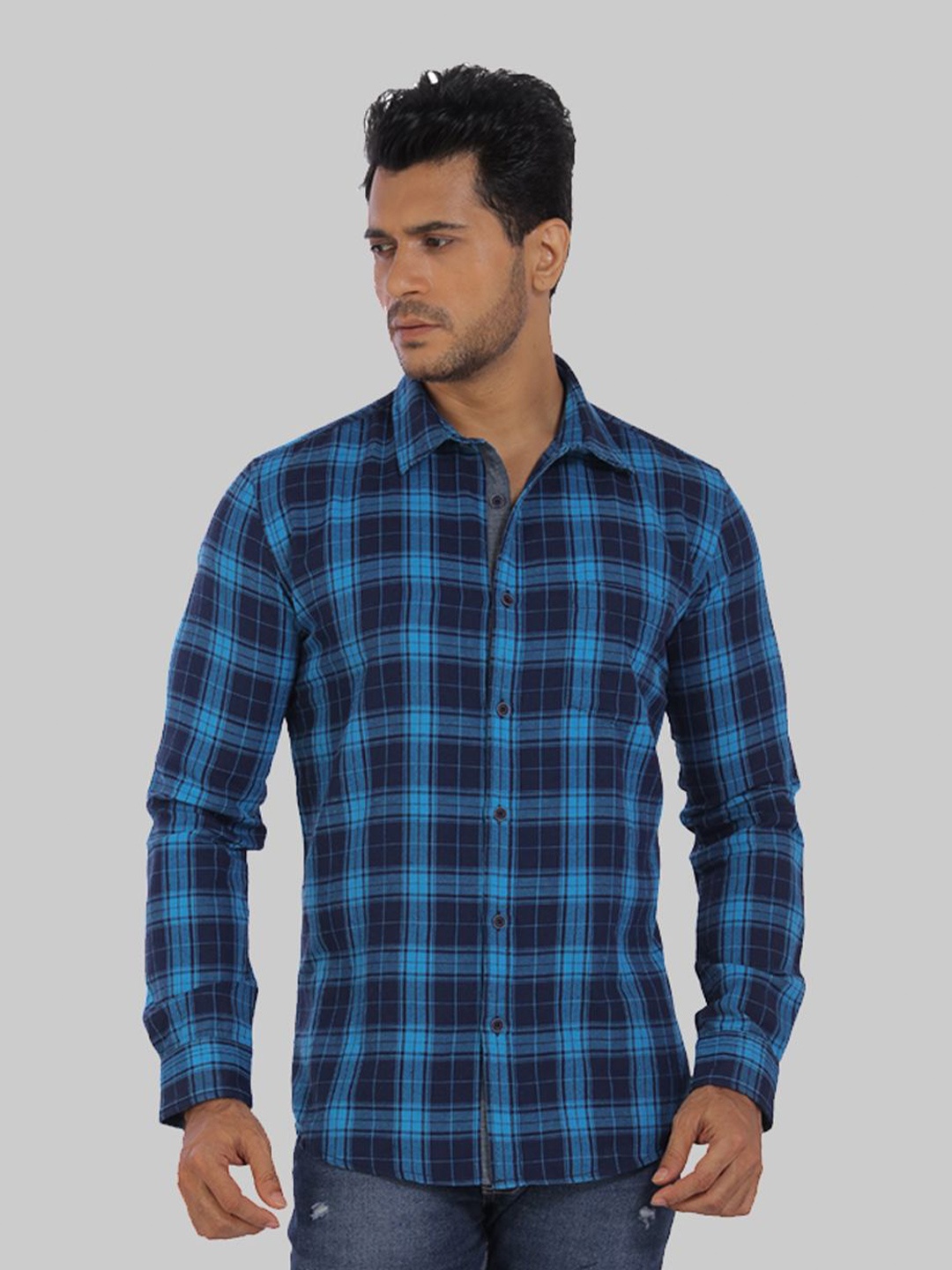 

ROCKING SWAMY Men Checked Cotton Slim Fit Casual Shirt, Navy blue