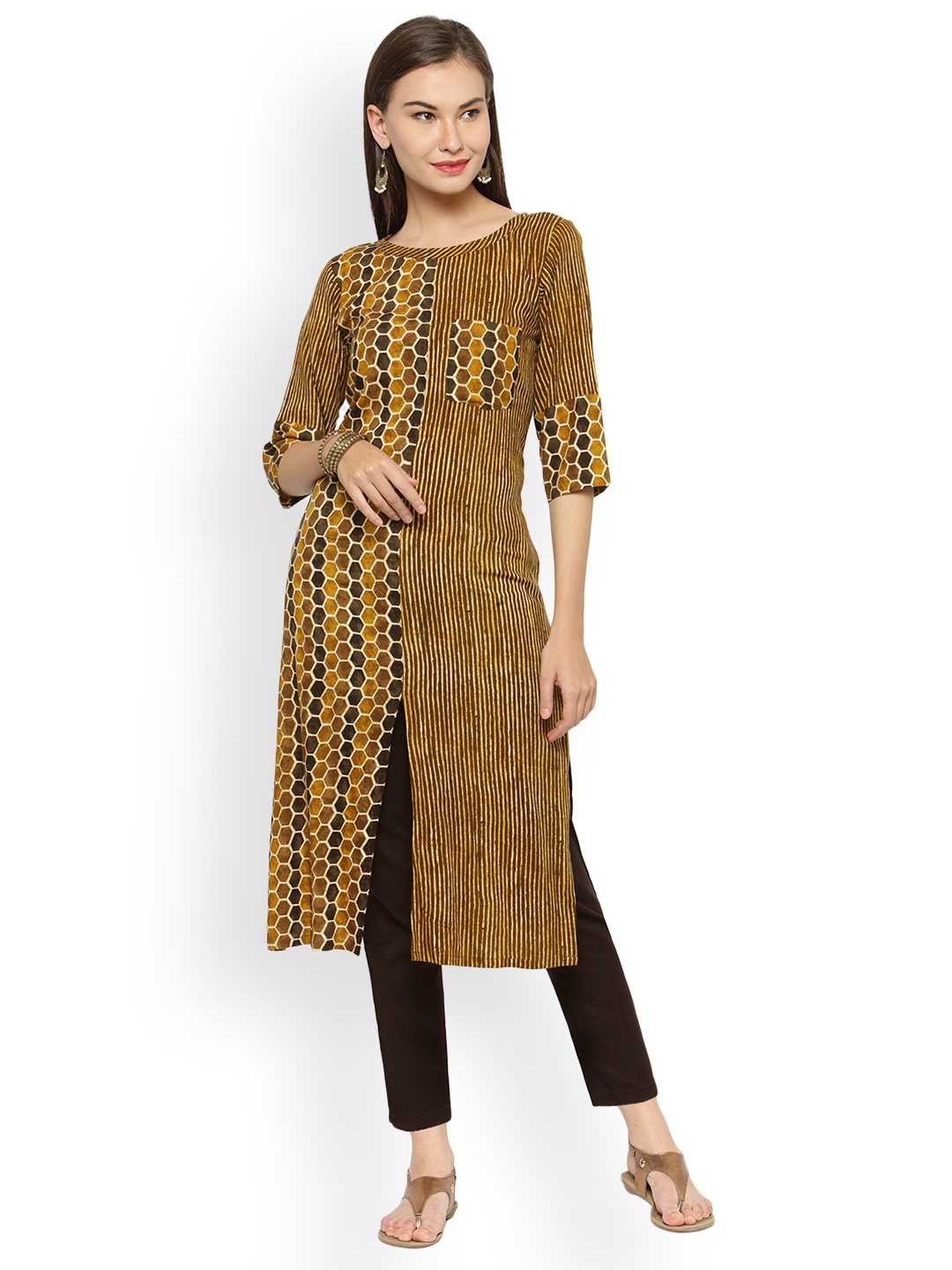 

Indibelle Women Mustard Yellow & Brown Printed Straight Kurta