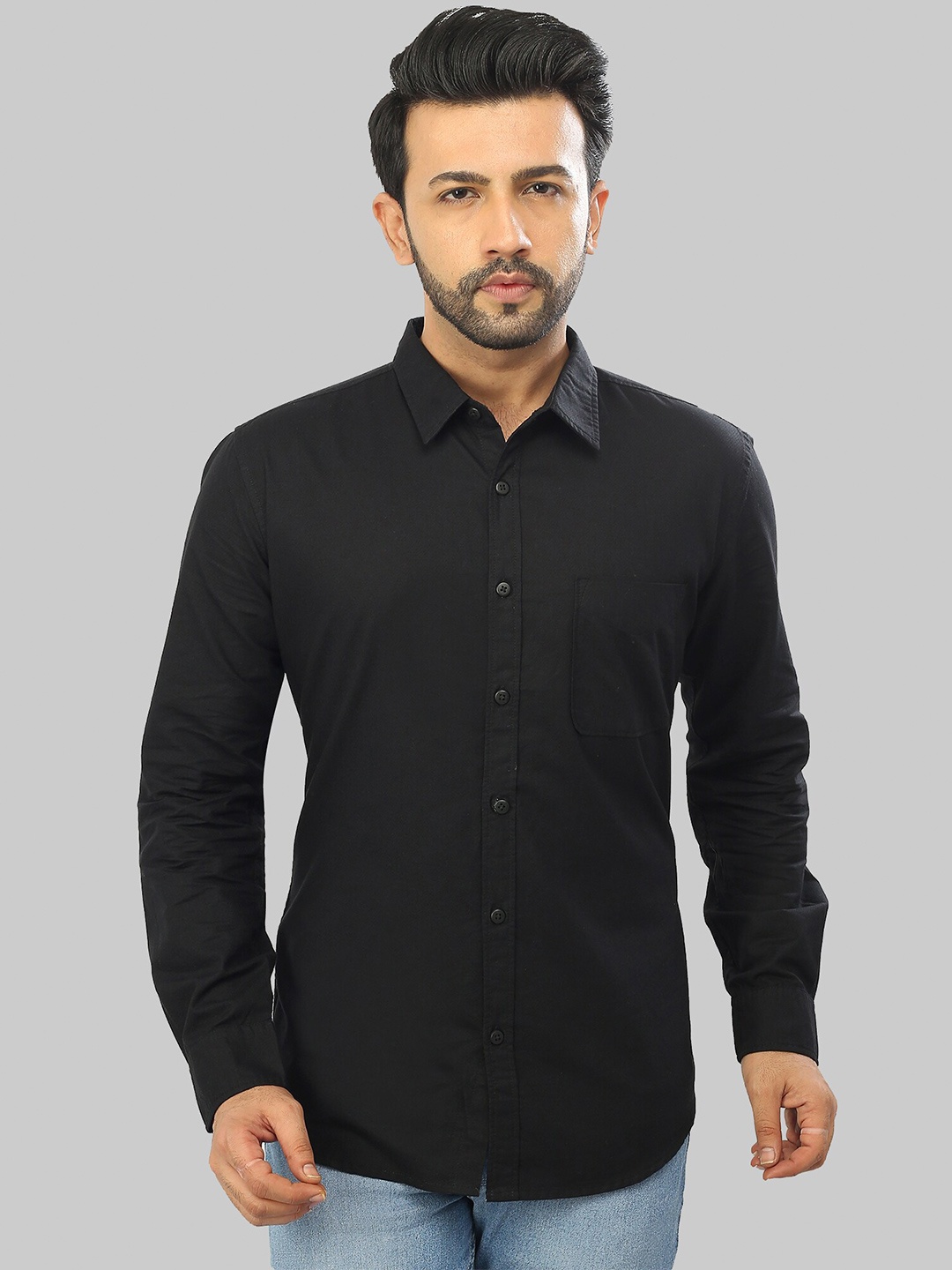 

ROCKING SWAMY Men Spread Collar Cotton Casual Shirt, Black