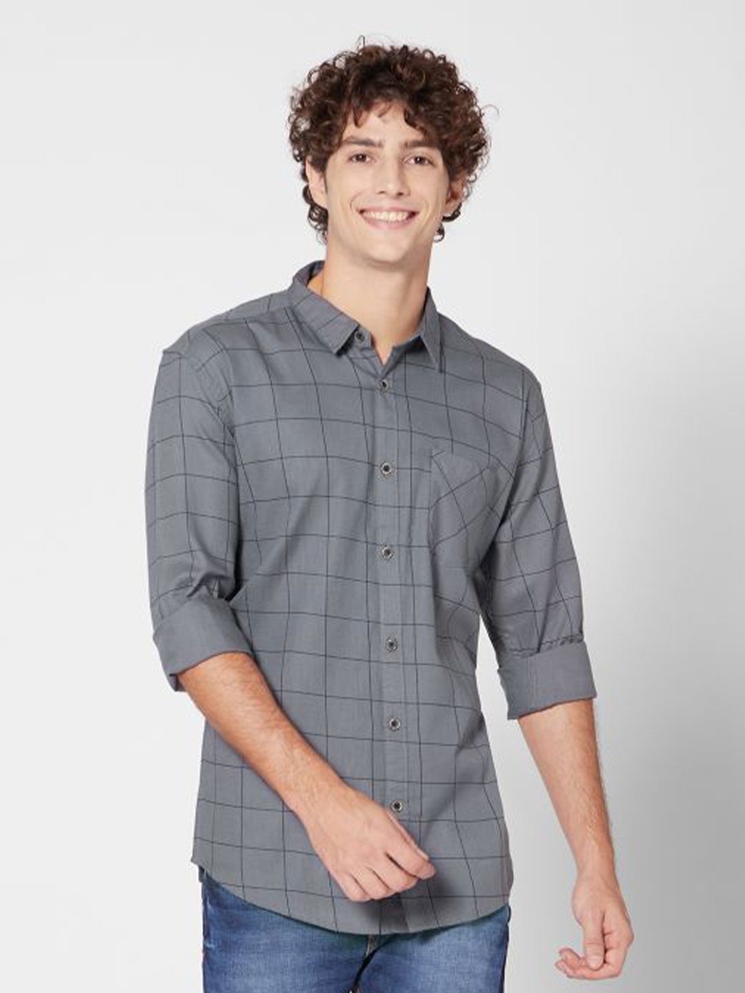 

ROCKING SWAMY Men Windowpane Checks Cotton Casual Shirt, Grey