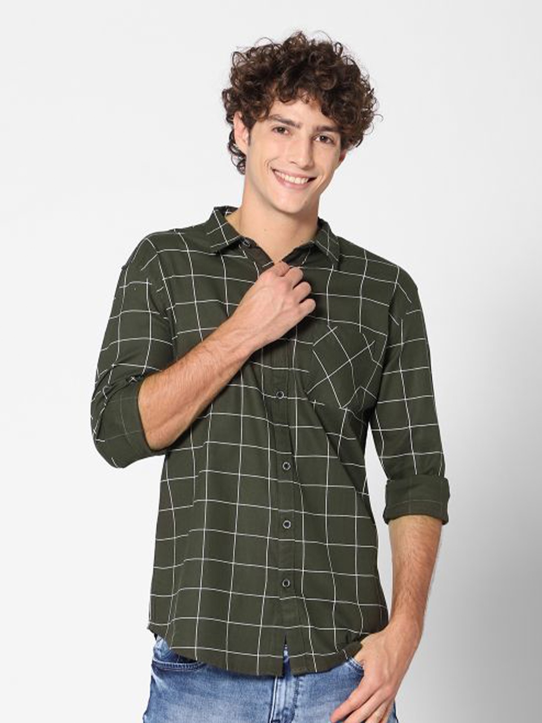 

ROCKING SWAMY Men Slim Fit Windowpane Checks Casual Cotton Shirt, Olive